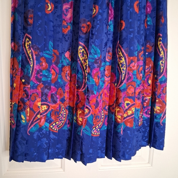 Vintage 80s/90s Paisley Floral Pleated Midi Skirt Royal Blue M - Picture 5 of 9
